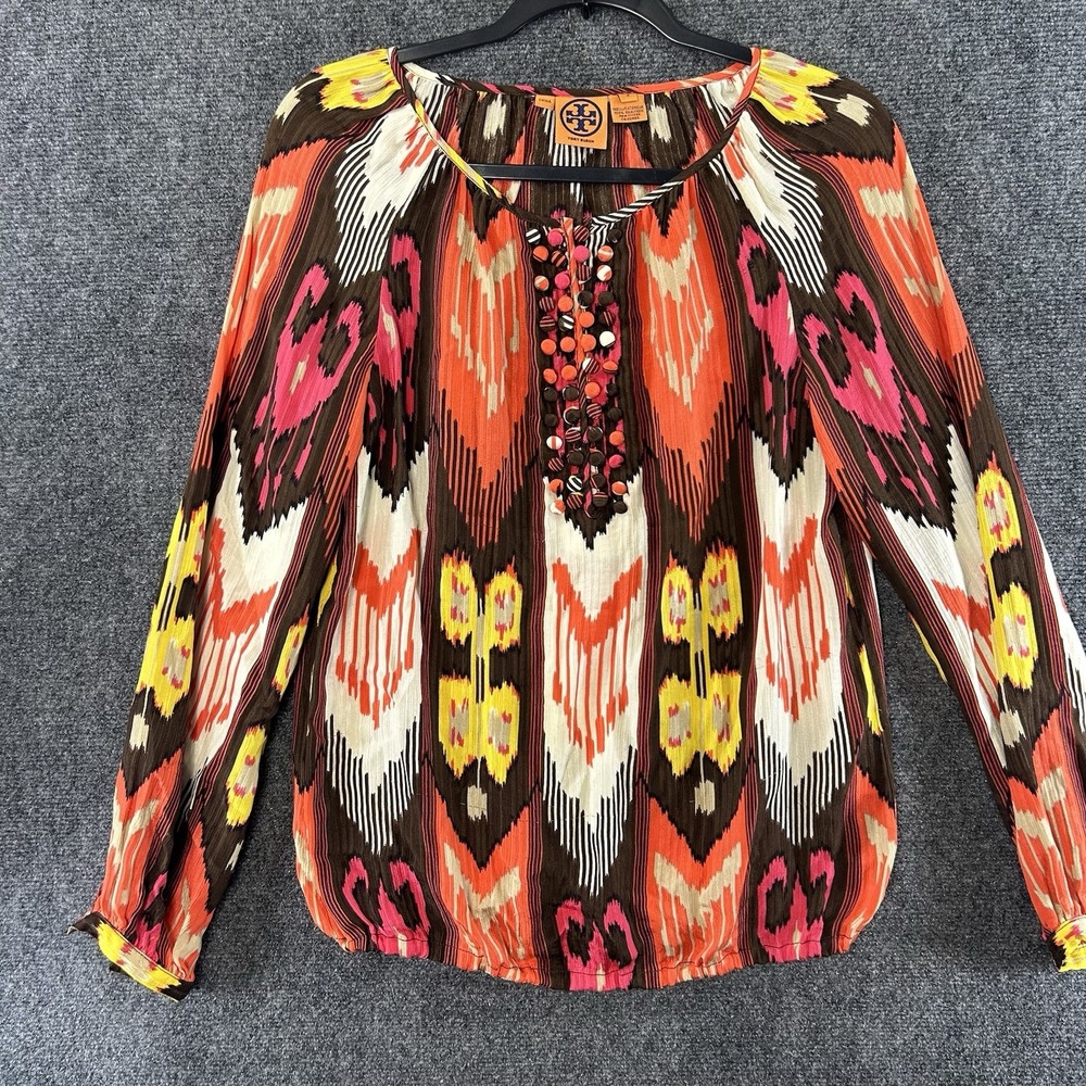 Tory Burch Multicolor Beaded Blouse Sz 4 Pleated 100% Silk Ikat L/S Boho Luxury
